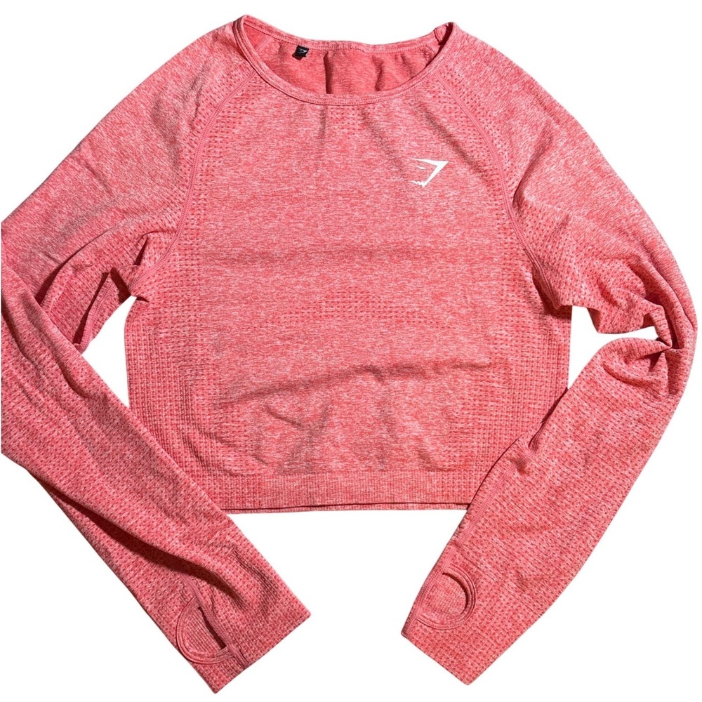 Gymshark Womens S/M Vital Seamless 2.0 Long Sleeve Crop Top Pink Marl Thumbholes
